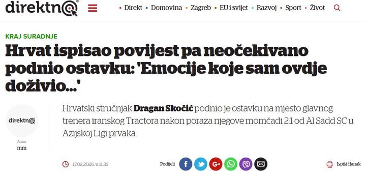 بازتاب جدایی اسکوچیچ از تراکتور در رسانه های کرواسی