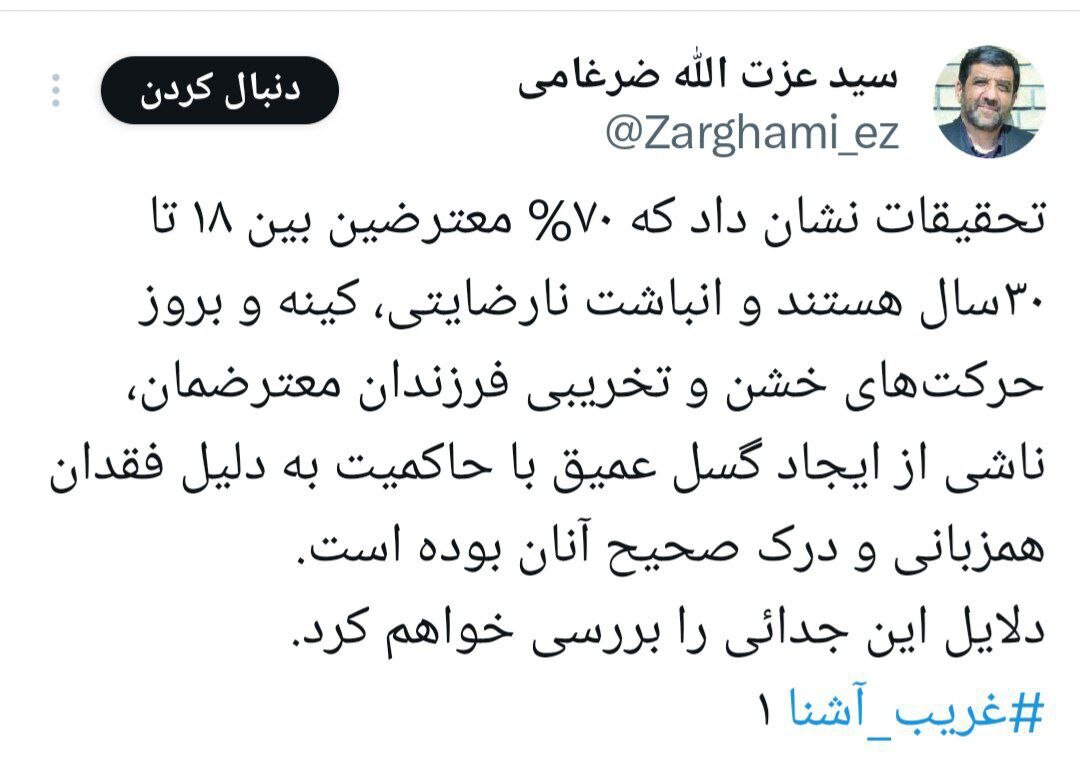 ضرغامی: ۷۰ درصد معترضان جوان‌اند و شکاف عمیقی با حاکمیت وجود دارد