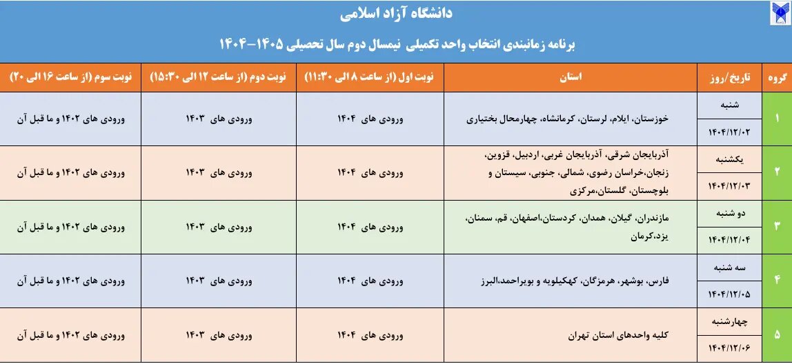 اعلام برنامه زمانبندی انتخاب واحد تکمیلی نیمسال دوم دانشگاه آزاد اسلامی