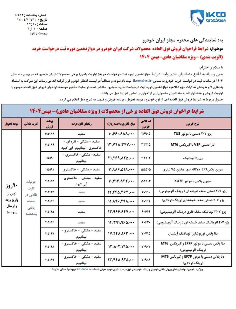 شرایط فروش محصولات ایران خودرو ویژه طرح عادی اعلام شد – بهمن ۱۴۰۴