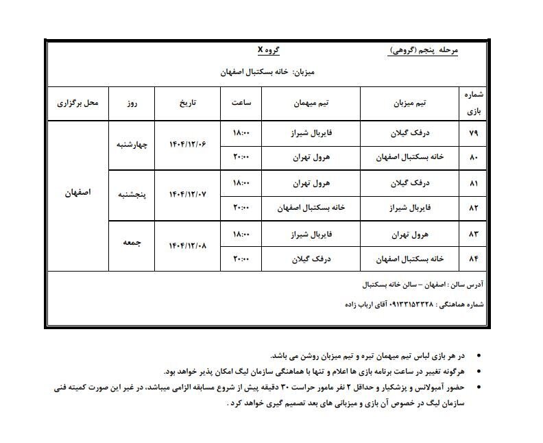اعلام برنامه مرحله پنجم لیگ بسکتبال نوجوانان پسران و دختران