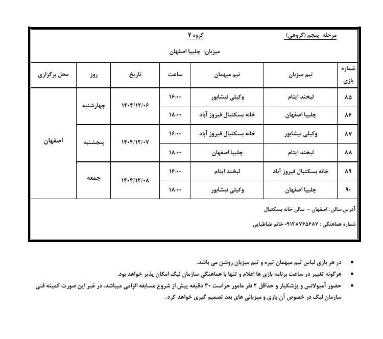 اعلام برنامه مرحله پنجم لیگ بسکتبال نوجوانان پسران و دختران