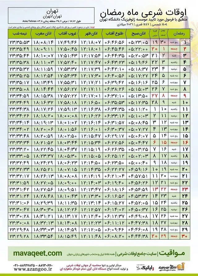 اذان صبح و اذان مغرب تهران در طول کل ماه رمضان ۱۴۰۴