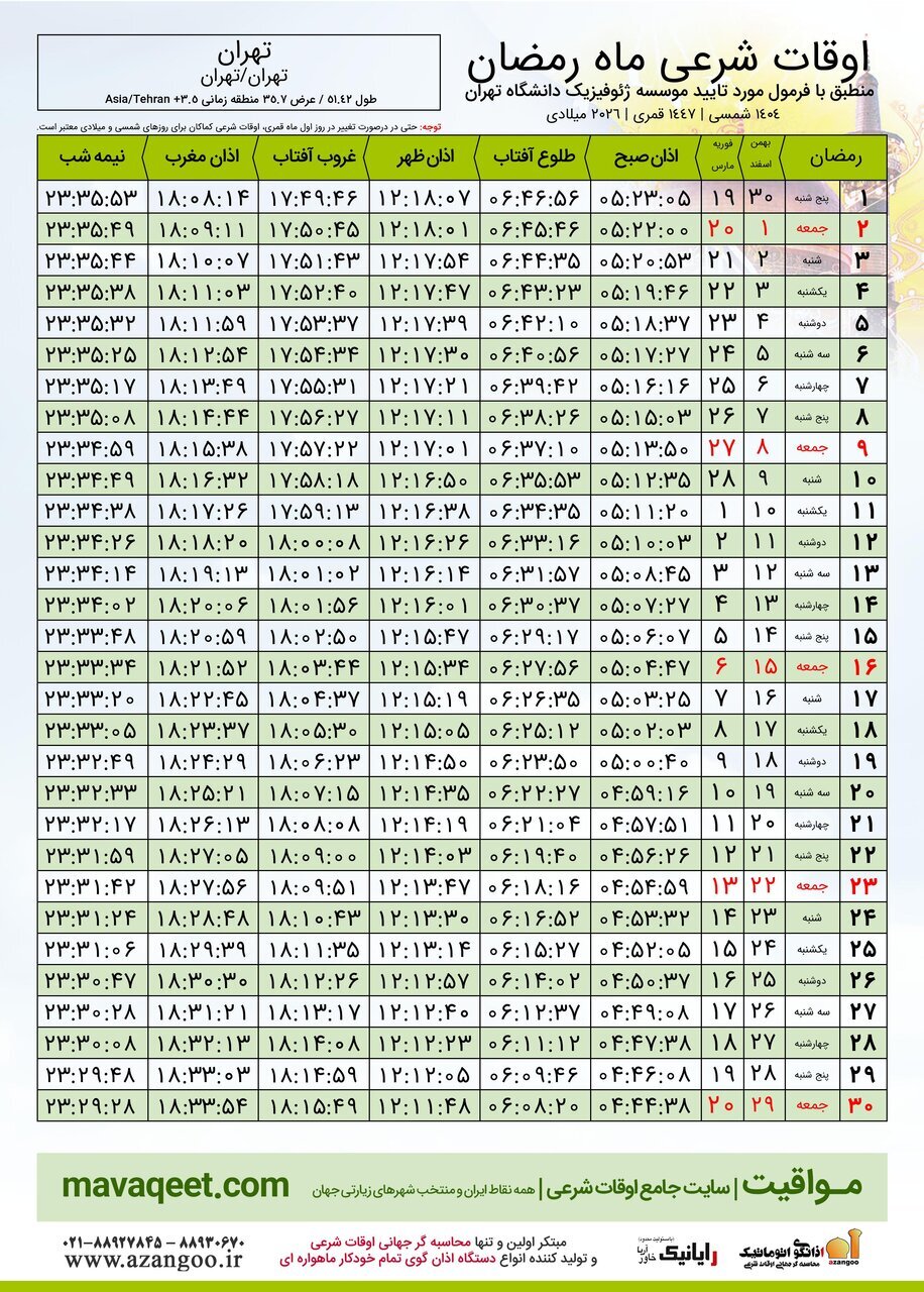 جدول کامل اوقات شرعی به افق تهران در ماه رمضان ۱۴۰۴