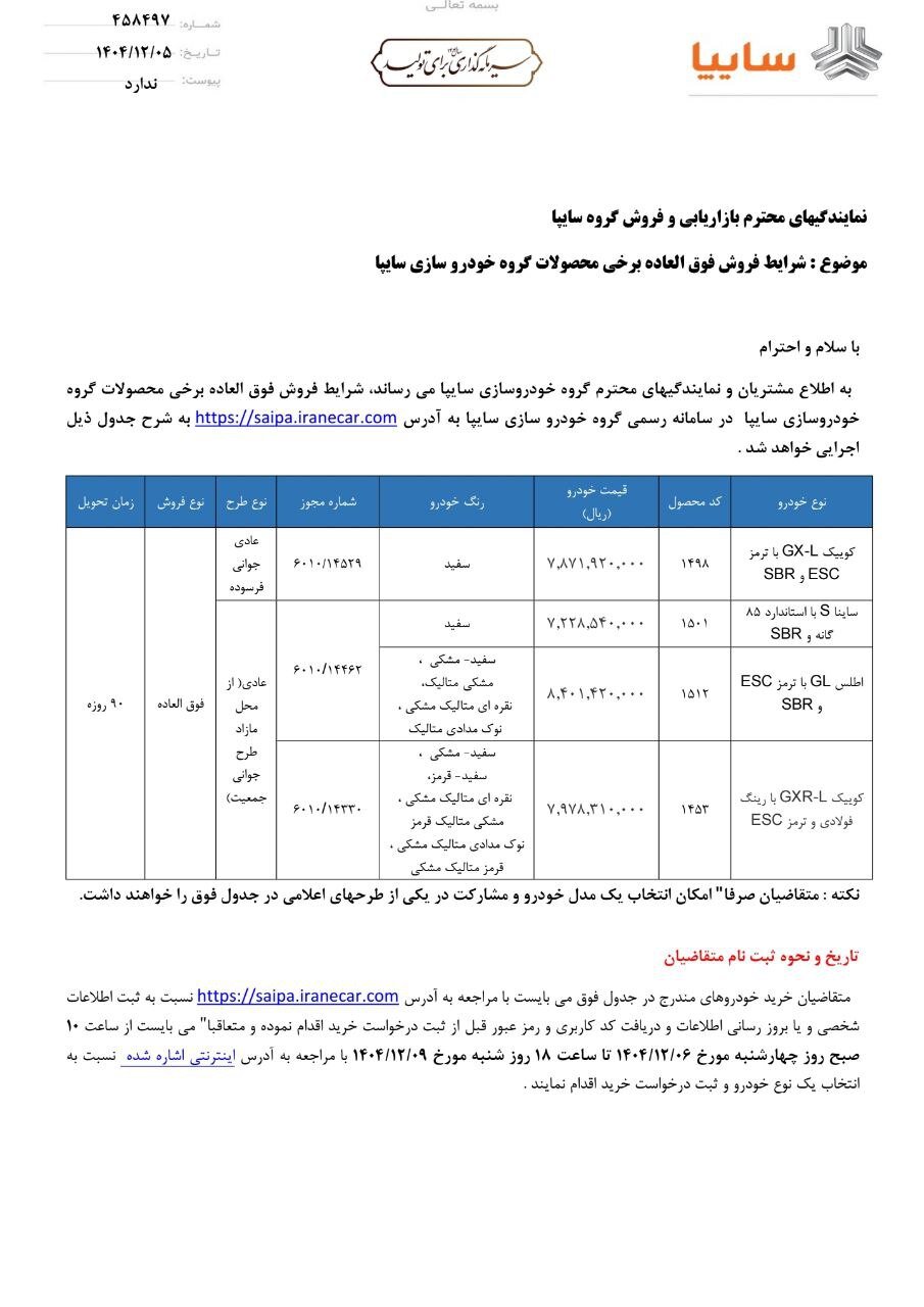 شرایط فروش ۴ محصول سایپا اعلام شد – اسفند ۱۴۰۴