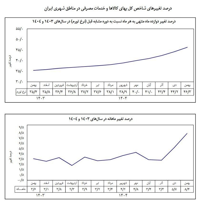 بانک مرکزی: نرخ تورم بهمن ۴۶.۳ درصد شد