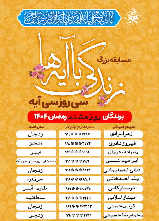 سوال روز نهم مسابقه زندگی با آیه ها در استان زنجان؛ پاسخ سوال روز هشتم