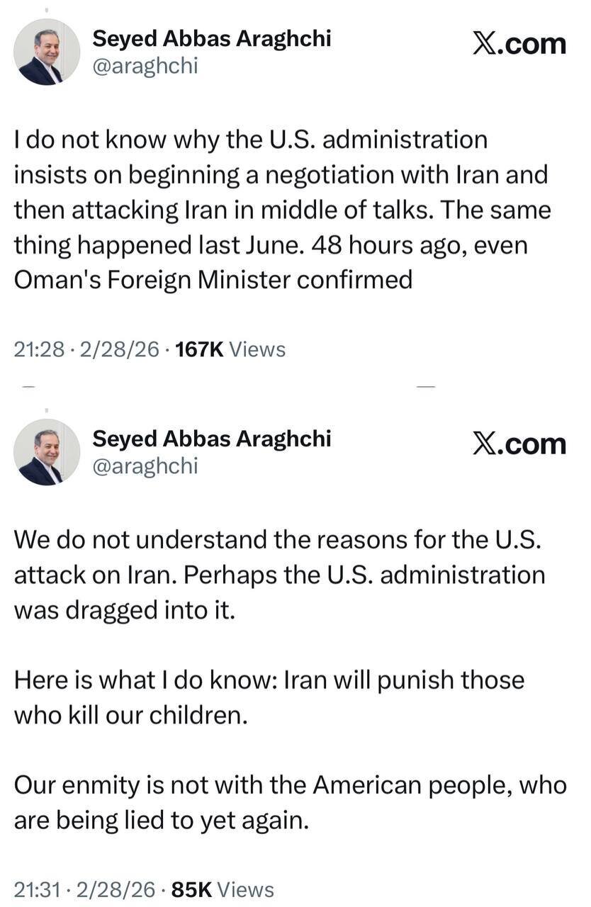 عراقچی: جالب است که دولت آمریکا اصرار دارد هر بار با ایران مذاکرات را آغاز کند و سپس در میانه گفتوگوها به ایران حمله کند! همین اتفاق خرداد گذشته نیز رخ داد + عکس