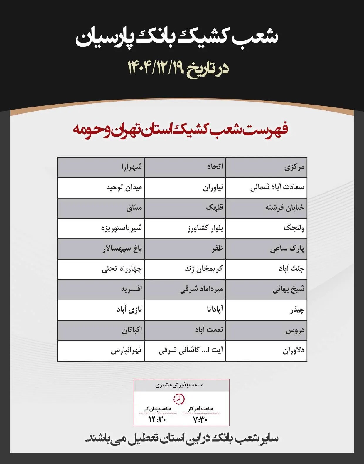 اعلام فهرست شعب کشیک استان تهران و حومه  بانک پارسیان  در روز  ۱۹ اسفندماه