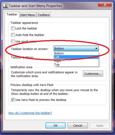 قرار دادن نوار وظیفه در کنار صفحه در ویندوز ۷