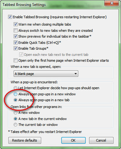 باز کردن لینک در تب جدید Internet Explorer در ویندوز ۷