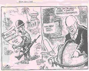 ۸ ژوئیه ۲۰۰۴ ـ کاریکاتور سیاسی ژوئیه ۲۰۰۴ رسانه های آمریکا در باره احتمال مداخله نظامی این کشور در کوبا، پس از عراق