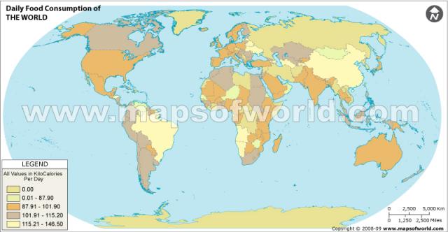 
      نقشه‌های مصرف (1): نقشه‌ی مصرف روزانه‌ی غذا در جهان