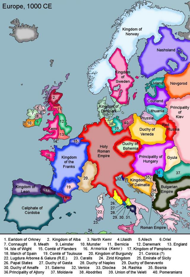 
      نقشه اروپا در سال 1000 میلادی