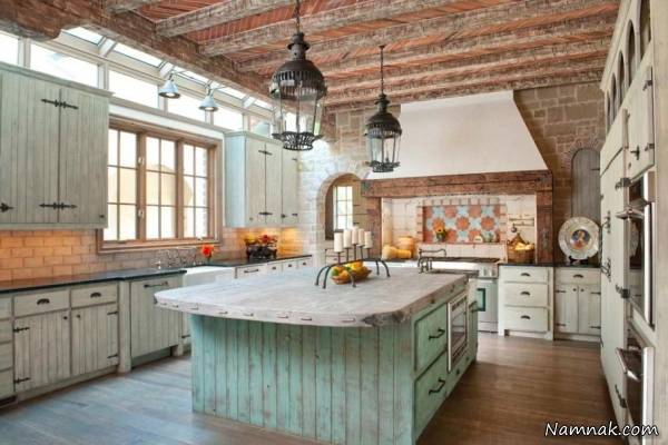 آشپزخانه روستیک با نمای سنگ و چوب + تصاویر