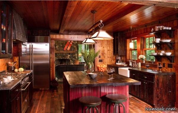 آشپزخانه روستیک با نمای سنگ و چوب + تصاویر