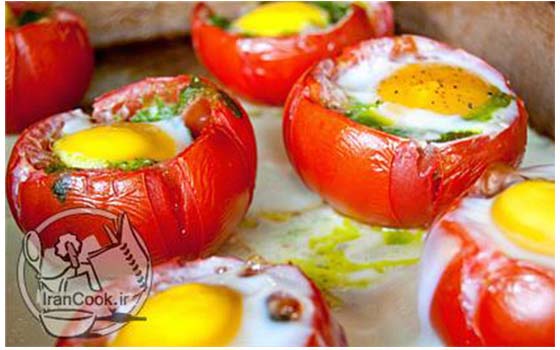 پیش غذا با گوجه فرنگی - طرز تهیه گوجه کبابی و تخم مرغ در فر | ایران کوک