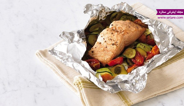 	دستور پخت فیله ماهی سالمون و سبزیجات در فر + انواع ماهی