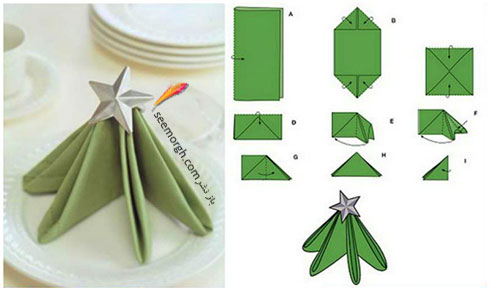 تزیین دستمال سفره به شکل درخت کریسمس + آموزش تصویری