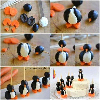 آموزش تصویری درست کردن پنگوئن با پنیر و زیتون